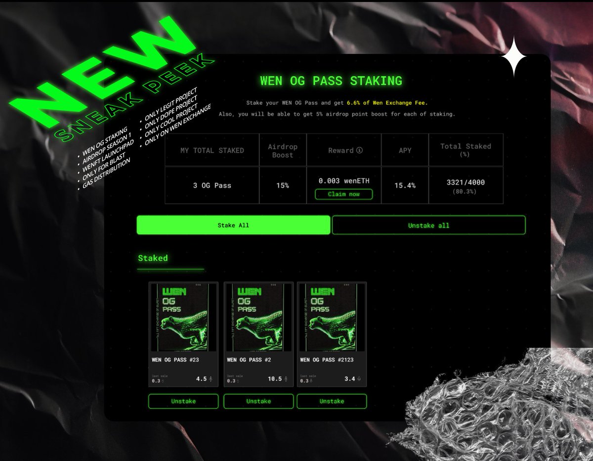 🚨 Sneak Peek Alert 🚨

Wen OG Pass Staking. 
Wen? Today.