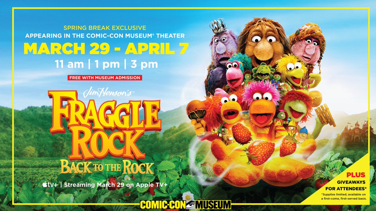 Big announcement down at #FraggleRock! 🥳 Get ready to sing, dance, & laugh at Comic-Con Museum as we screen episodes 1 & 2 of season 2 from @AppleTV+. 🎶 Join in on the fun March 29-April 7 @ 11 a.m., 1 p.m., & 3 p.m. More info: comic-conmuseum.org. (sched subject to change)