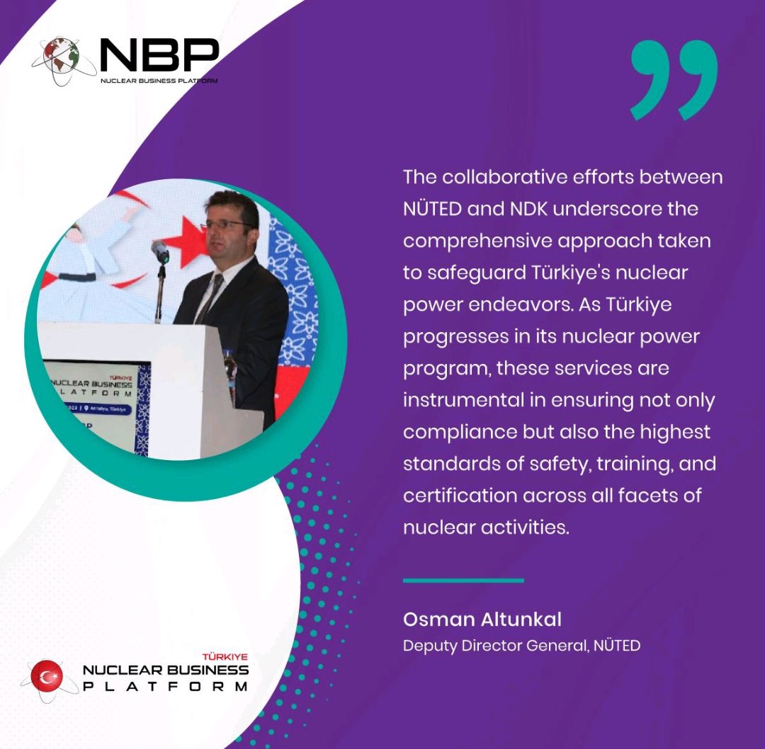 Nuclear_BP's tweet photo. The collaborative efforts between NÜTED Nuclear Technical Support Company (#NUTED) and Nuclear Regulatory Authority (#NDK) underscore the comprehensive approach taken to safeguard #Türkiye's #nuclearpower endeavors. As Türkiye progresses in its #nuclear power program, these services are instrumental in ensuring not only compliance but also the highest standards of #safety, training, and certification across all facets of nuclear activities according to Osman A., Deputy Director General, #NÜTED
#Download the 2024 edition of the c #Turkish Nuclear Industry Report 👉https://t.co/XkdGF6w9dR
#turkey #nukleer #yellowcake #uranium #smr #NuclearEnergy #enerji