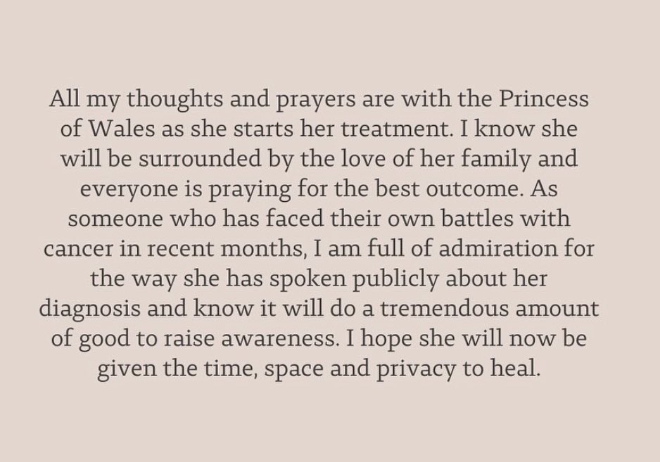 Support for Kate from @SarahTheDuchess who herself has battled cancer twice in the last 12 months (breast cancer then skin cancer)
“I am full of admiration for the way she has spoken publicly about her diagnosis and know it will do a tremendous amount of good to raise awareness.“