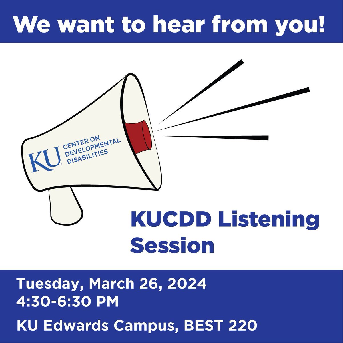 Last chance to RSVP! KUCDD wants to hear from schools! We are hosting a listening session to engage schools to understand their needs! We are meeting in BEST 220 at the KU Edwards Campus on Tuesday, 3/26/24 from 4:30-6:30 PM! Please register @ bit.ly/48pKN1C!