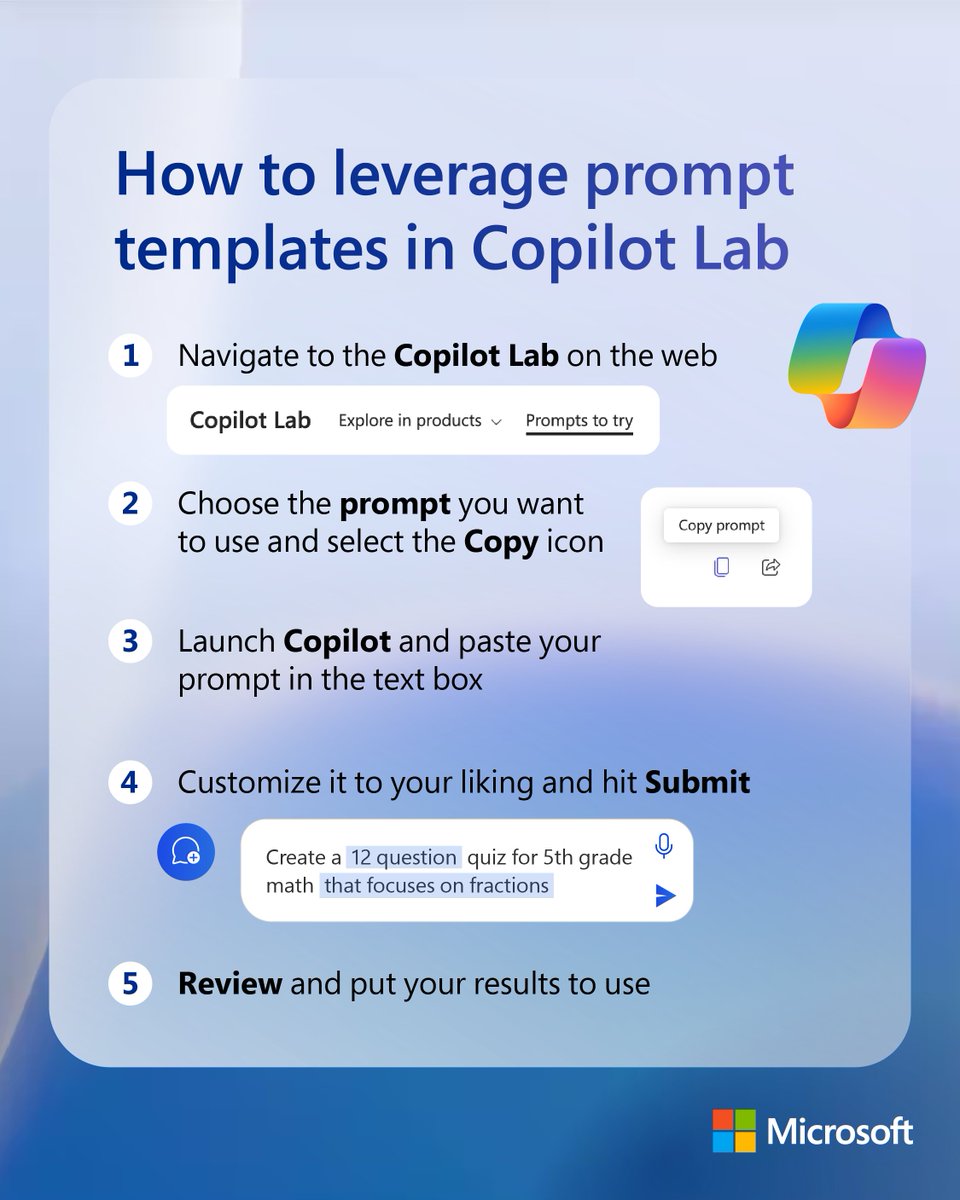 The Copilot Lab houses a collection of prompts to help users optimize their #AI results. Whether you're drafting emails or developing a quiz, Copilot Lab offers a diverse range of prompts to streamline tasks: msft.it/6016cs8Ny #MicrosoftEDU