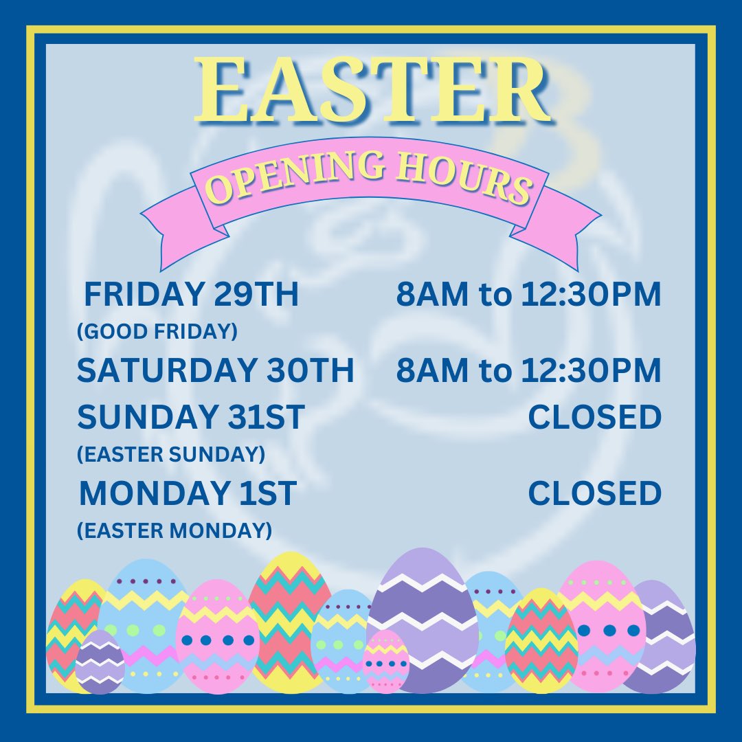 💐EASTER OPENING TIMES💐

We will be open in our shop and in the office:

Friday 29th (Good Friday) - 8am to 12:30pm
Saturday 30th - 8am to 12:30pm
Sunday 31st (Easter Sunday) - CLOSED
Monday 1st (Easter Monday) - CLOSED 

Happy Easter to all!