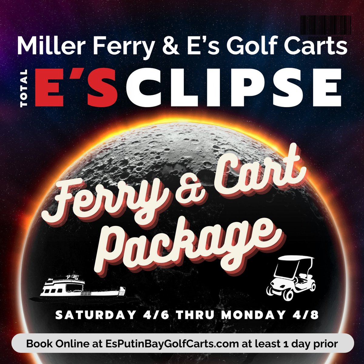The Total Solar ECLIPSE is April 8. Come watch from a Lake Erie Island, surrounded by water! 🌞🌑 💫 Eclipse Travel Package including ferry tickets & golf cart rental. Book now ➡ esputinbaygolfcarts.com Eclipse details ➡ millerferry.com/event/eclipse/