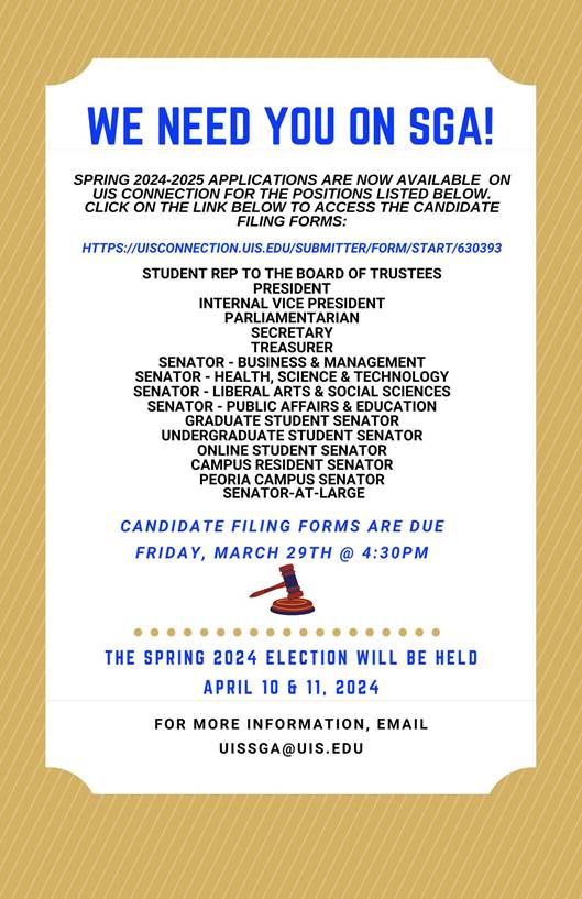 The 2024-2025 Student Government is needing YOU for our Peoria Campus Senator position!

Fill out the application by following the link below: uisconnection.uis.edu/submitter/form…

Note: Applications are due THIS Friday (March 29th @ 4:30 P.M).