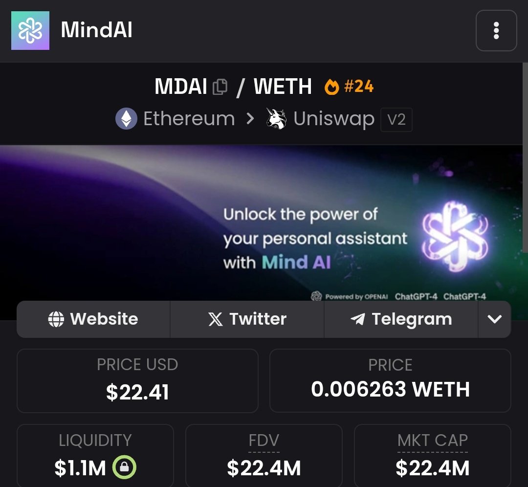 SamuelXeus's tweet photo. I’m bidding $MDAI aggressively today.

Mind AI is a fully built, intelligent AI interface available directly on Telegram. It is a fully personalized TG companion built for navigating the markets / decision making.

It’s rare to see a sophisticated AI platform like this actually built out. I’m bullish here and I think we’re very undervalued at 22M mcap. Peak bull run this is easiely trading at $200m+.

No rush, look for dips & find entry.

Chart: https://t.co/pb2g6YZqJs

TG: https://t.co/PtMcsz8mEP

Website: https://t.co/k4se5Mjhul

Try the AI bot: https://t.co/Jq4xwZbESJ