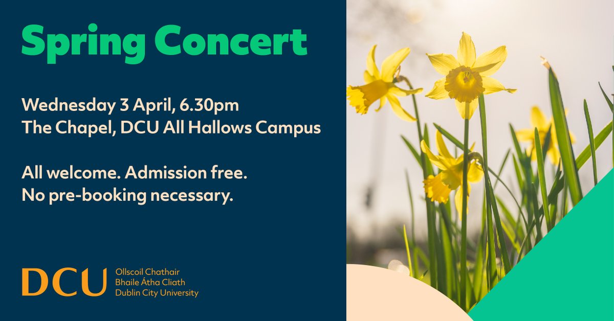 All welcome to our Spring Concert on Wednesday 3rd of April at 6.30pm in the church, @DCU All Hallows Campus. Featuring performances by the DCU Lumen Chorale, DCU Music Society Choir and DCU Trad Ensemble, plus amazing soloists! We'd love to see you there! Adm free. 🎶