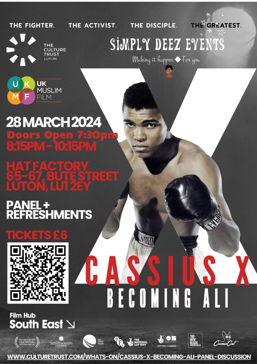 The last tickets released for this very special screening of Becoming Ali,  only £6 
culturetrust.com/.../cassius-x-…...
Doors open 7:30pm start  8:15pm
Panel with Super Bantamweight Commonwealth Champion Tysie Gallagher and Founder of Boxing Saves Lives JP Smith #Luton #stepforwardluton