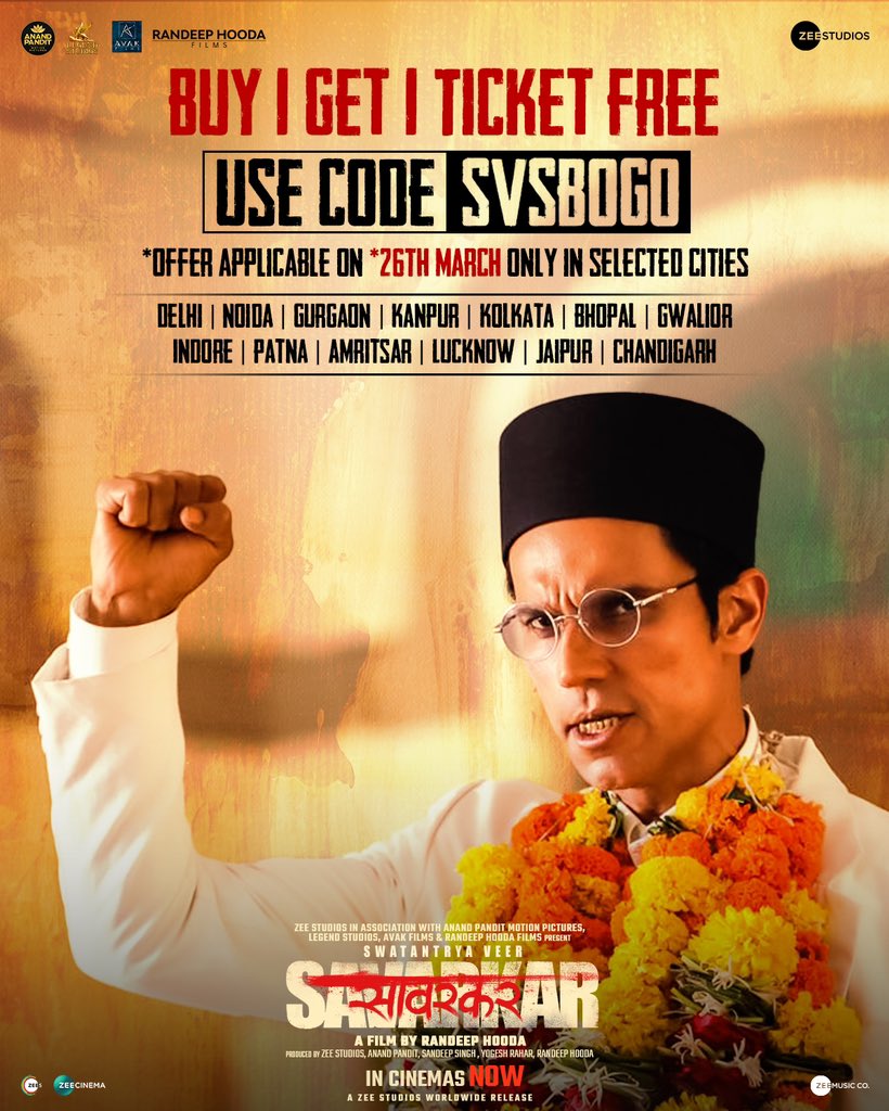 Experience the revolution on screens 💥 Now, avail a buy one get one free offer with on #SwatantryaVeerSavarkar tickets, Use code SVSBOGO; offer valid only on 26th March in selected cities. Book your tickets! 🔗 - linktr.ee/swatantryaveer… In cinemas now.…