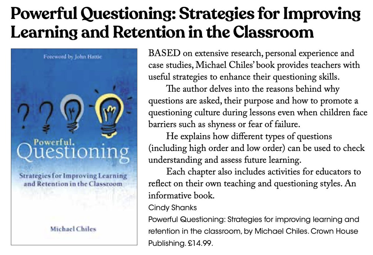 Written by @m_chiles, #PowerfulQuestioning reveals the power of asking the right questions, in the right way, at the right time ❓ Thank you to @NEUnion for reviewing in the latest issue of #Educate magazine 🙌 📘 Discover the book here: crownhouse.co.uk/powerful-quest…