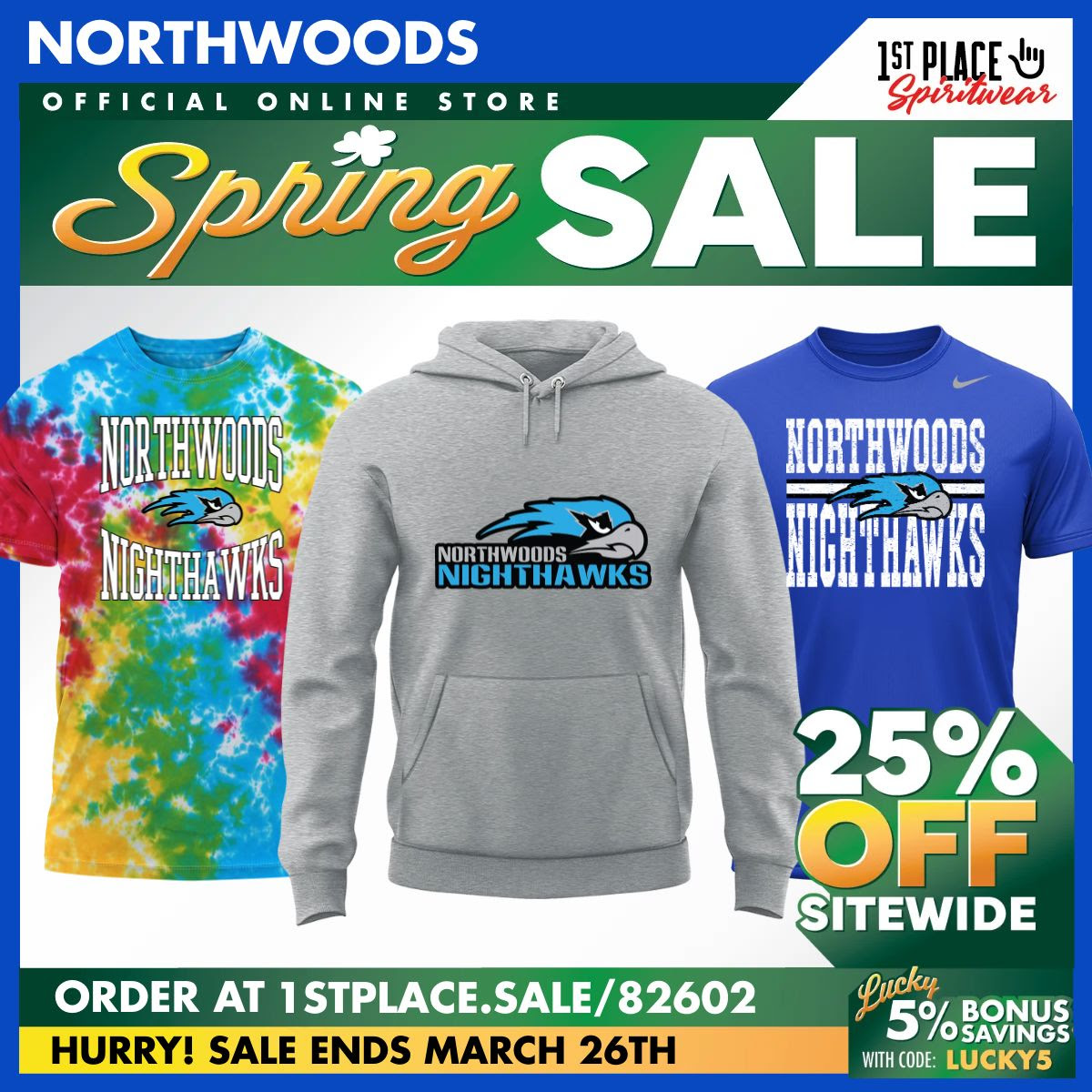 The Northwoods Spring Spirit Wear Sale ends tomorrow. Save 25% off the entire site including Nike Dri-Fit tees! La venta de ropa de espíritu primaveral de Northwoods finaliza mañana! ¡puedes ahorrar un 25% , incluidas las camisetas Nike Dri-Fit. 1stplace.sale/82602