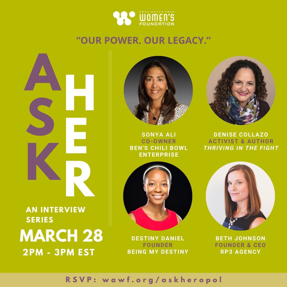 Save the date! Join @TheWomensFndtn on Thursday, March 28 for #AskHer: “Our Power. Our Legacy.” During this conversation, Sonya Ali and fellow panelists will uncover the unique challenges facing women business owners & celebrate their impact on our communities.