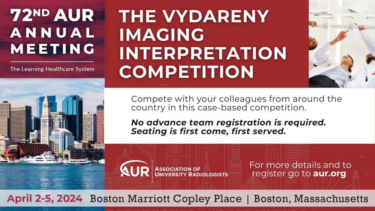 Show off your skills in case-based challenges at the #AUR24 Vydareny Competition presented by last year's winner, the University of Utah!
bit.ly/3uy7HWG
#AUR #radiology #RadEd #MedEd #research