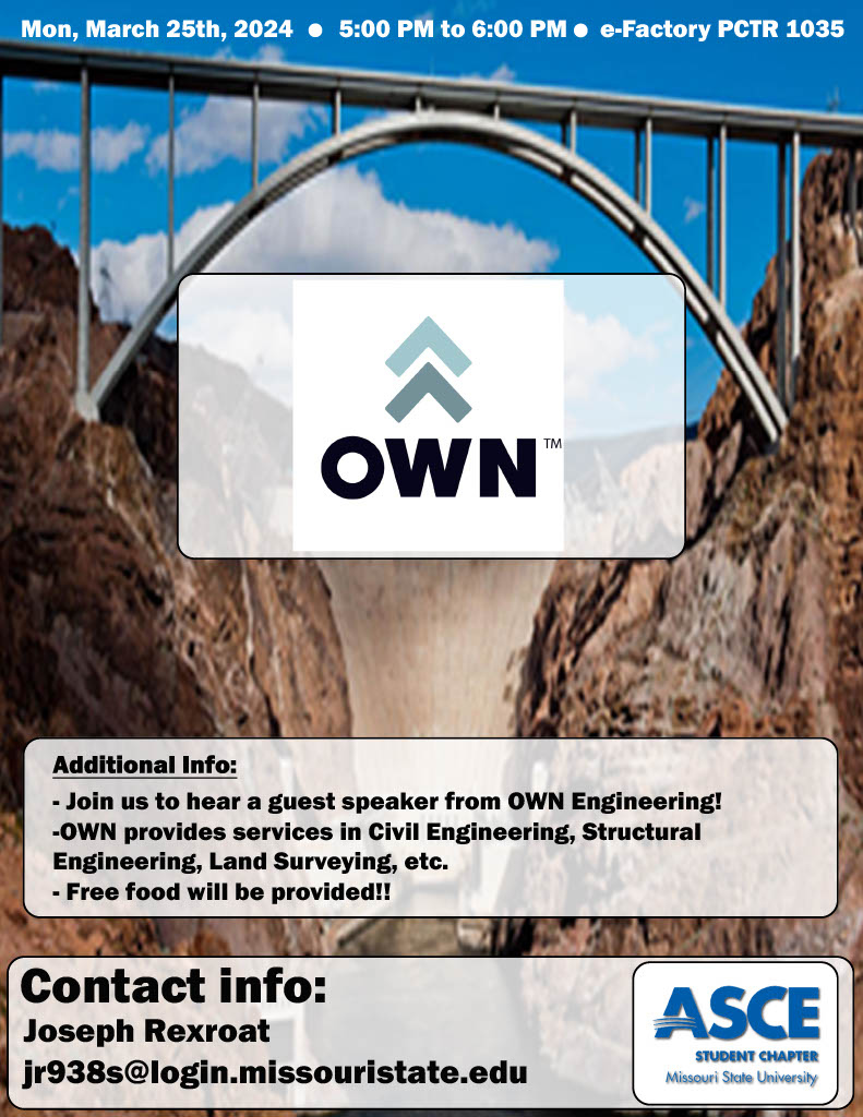 It's today. @OWN_Engineering will be at @Engineering_MSU today at 5:00 PM. Join us for an informative and in-depth talk. #jobs #internships #minerbears #solvingfortomorrow #civilengineering
@CNASatMSU  @MissouriState @MissouriSandT
@sandtcec @SandT_CArE @KC_ASCE