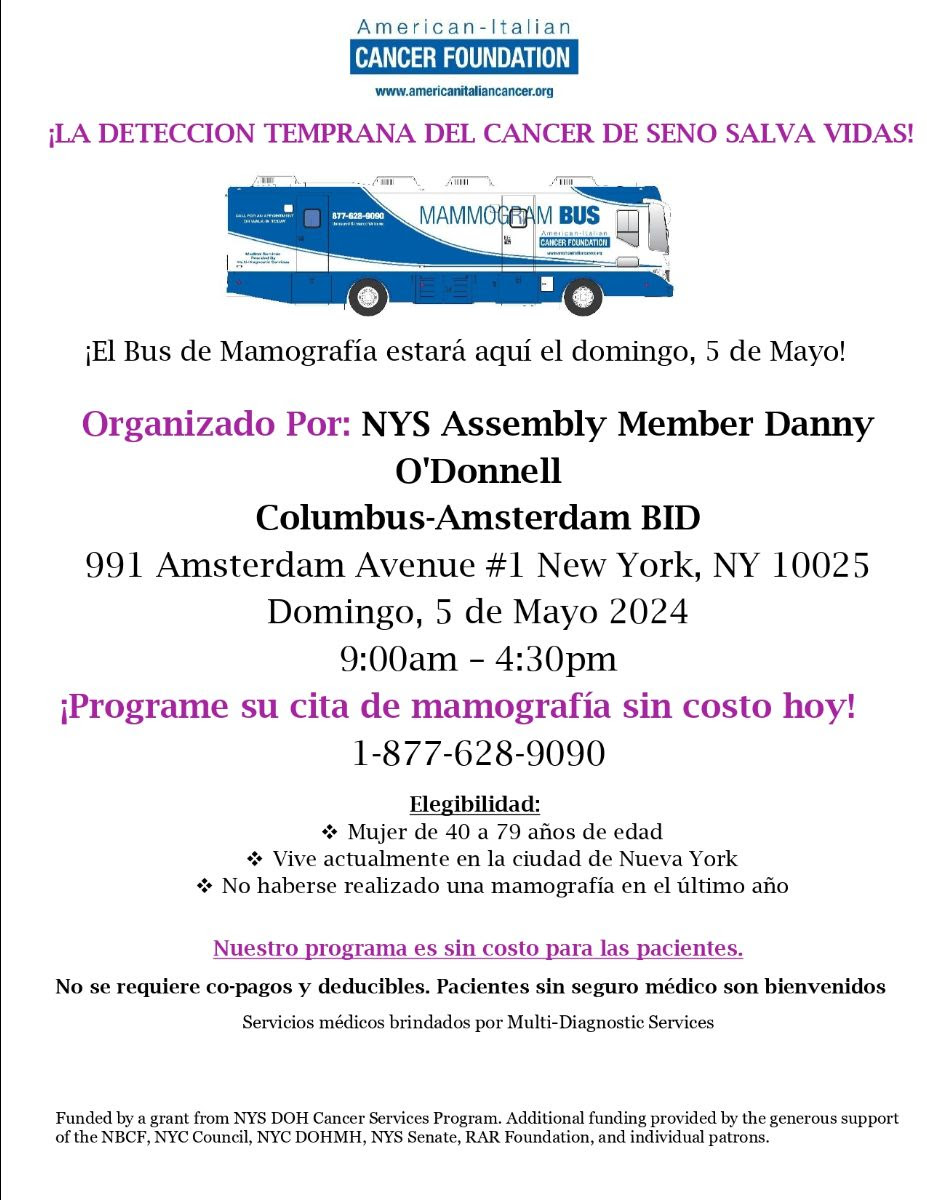 Exciting News! We've teamed up with @AICF_nyc & @Col_Am_BID for a no-cost Breast Cancer Screening event! 📆 Sun, May 5 | 🕘 9 AM-4:30 PM | 📍991 Amsterdam Ave #1, NYC.📞 Call 212-866-3970 or 1-877-628-9090 to book your spot. Join us in the fight against breast cancer!