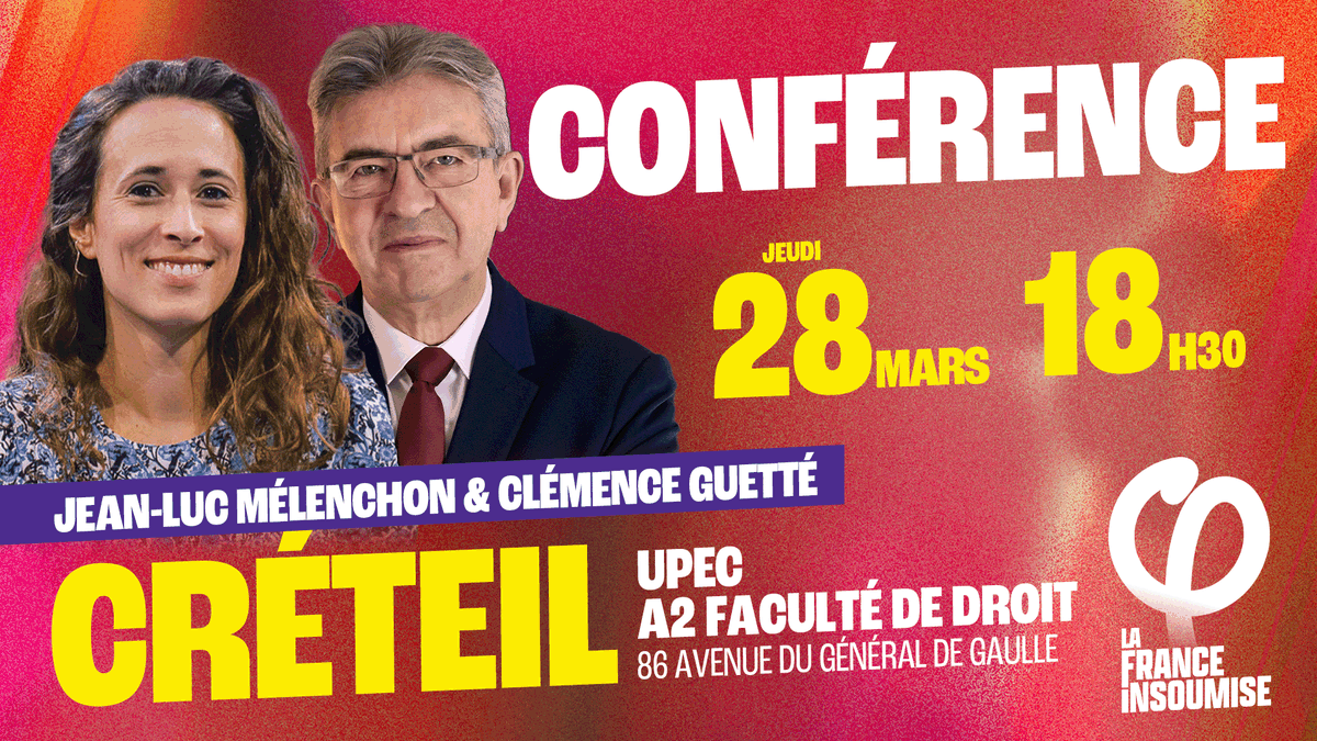 🟣 Ce jeudi 28 mars, suivez la conférence de
<a href="/Clemence_Guette/">Clémence Guetté</a> et <a href="/JLMelenchon/">Jean-Luc Mélenchon</a> à l'Université de Créteil !

📷 À suivre en direct sur nos réseaux sociaux.  

#ConfJLM