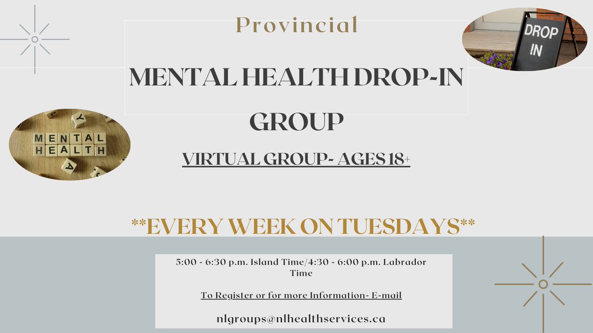 NL Health Services is pleased to offer a Mental Health Drop-in Group for individuals 18 years of age and older who are experiencing any issues with their mental health and who would like a safe space to access support and learn coping skills. 1/3