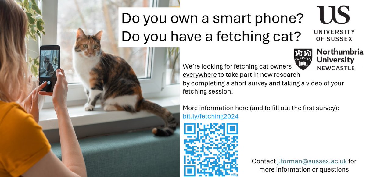 🐈CAT OWNERS!🐈 We are now recruiting owners of FETCHING CATS to take part in a NEW longitudinal study - you'll be asked to take photos of the objects your cat has fetched and to record a video of your fetching session! Take part here/more info 😺👉 bit.ly/fetching2024