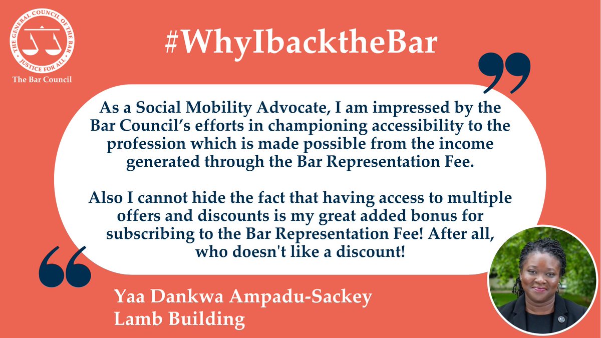 There's just under one week until the Authorisation to Practise deadline. Subscribe to the Bar Representation Fee (BRF) during this time for access to offers and discounts. Yaa Dankwa Ampadu-Sackey, Lamb Building, explains #WhyIbacktheBar Find out more: barcouncil.org.uk/about/bar-repr…