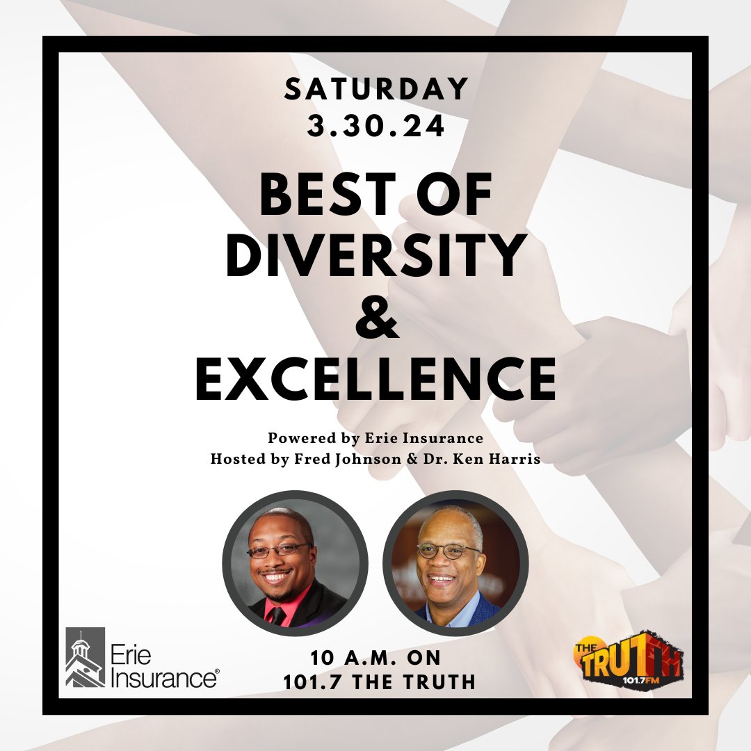 1017TheTruth's tweet photo. Tune in to 101.7 The Truth TODAY at 10 a.m. for a dynamic conversation on diversity and excellence! Join Vice President & Wisconsin State Manager at @Erie_Insurance Fred Johnson and Truth's own @drkenstruth Don't miss out! #DiversityAndExcellence #ErieInsurance https://t.co/v2QcErHgPV