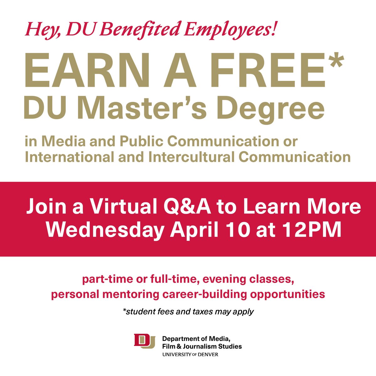 📢 calling all @UofDenver benefited employees!! Join #MFJS on 4/10 at 12pm for a virtual Q&A session to learn about how to get a ✨free✨ master’s degree in our #MEPC and #IIC programs. Meet the directors @nadiakaneva and @kareemeld. Register here: udenver.zoom.us/meeting/regist…