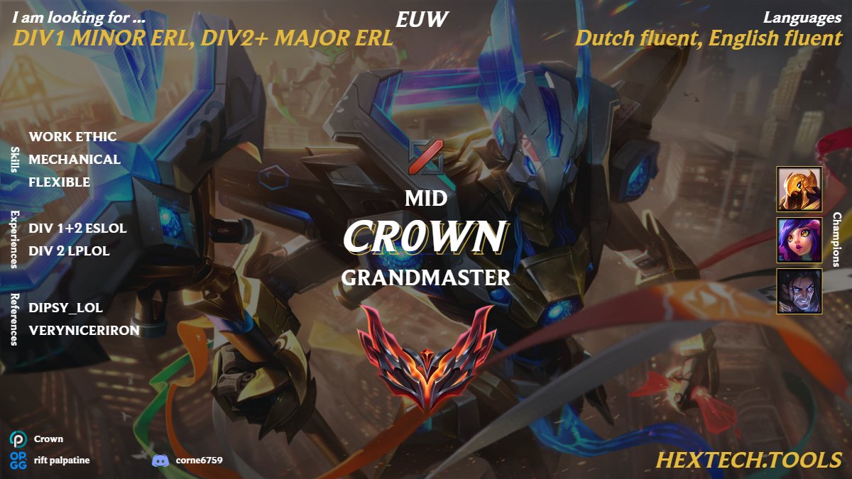 After a very humbling split, I am once again LFT. Last split showed me how important it is to always be busy with becoming the best version of yourself as a player and a person, and I am up for the task. Mainly looking for div1 minor ERL or div2+ major erl, solely paid offers.