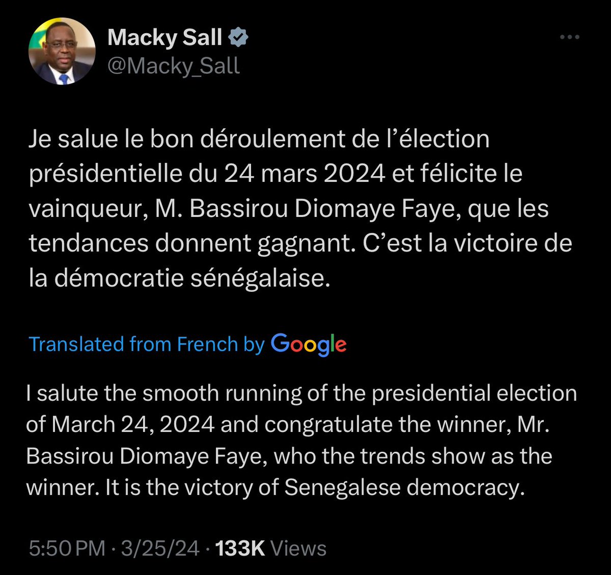 BREAKING: Incumbent Macky Sall congratulates Bassirou Diomaye Faye, 44 who is on track to be elected as the next president of Senegal. Sall’s term ends on April 2 and voters roundly rejected his chosen successor Amadou Bâ, 62