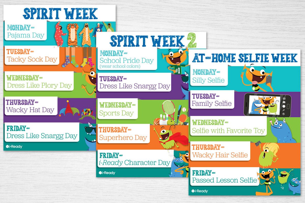 📣 Teachers, build student engagement with an #iReady Spirit Week! This offers a great way to have fun while learning at school. Get the flyers: bit.ly/3LYqvBi