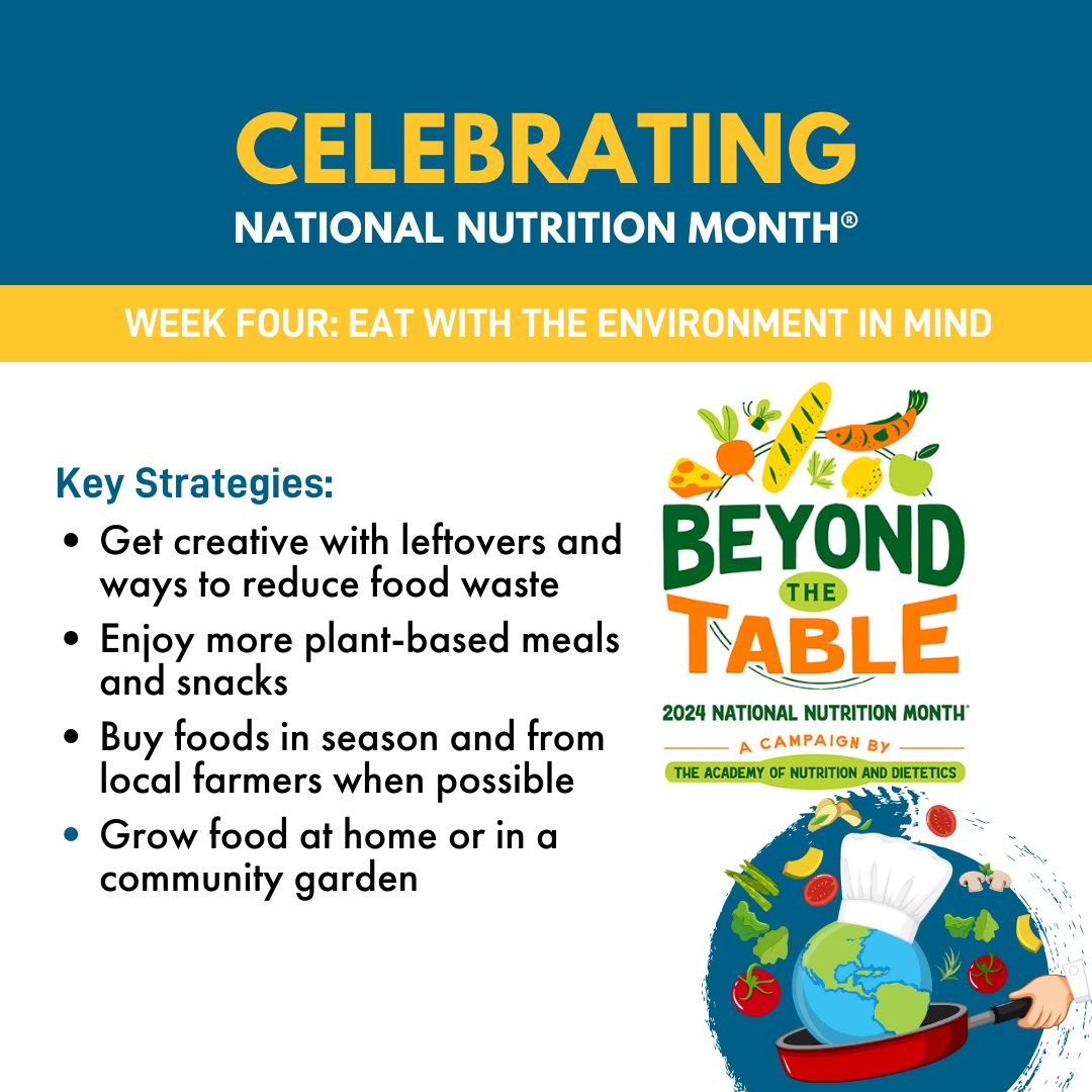 It's the final week of National Nutrition Month® and the theme this week is eating with the environment in mind. Follow along this week for more information about how to improve your impact on the planet while eating well! 🌻 🍅 🌎 🍽️