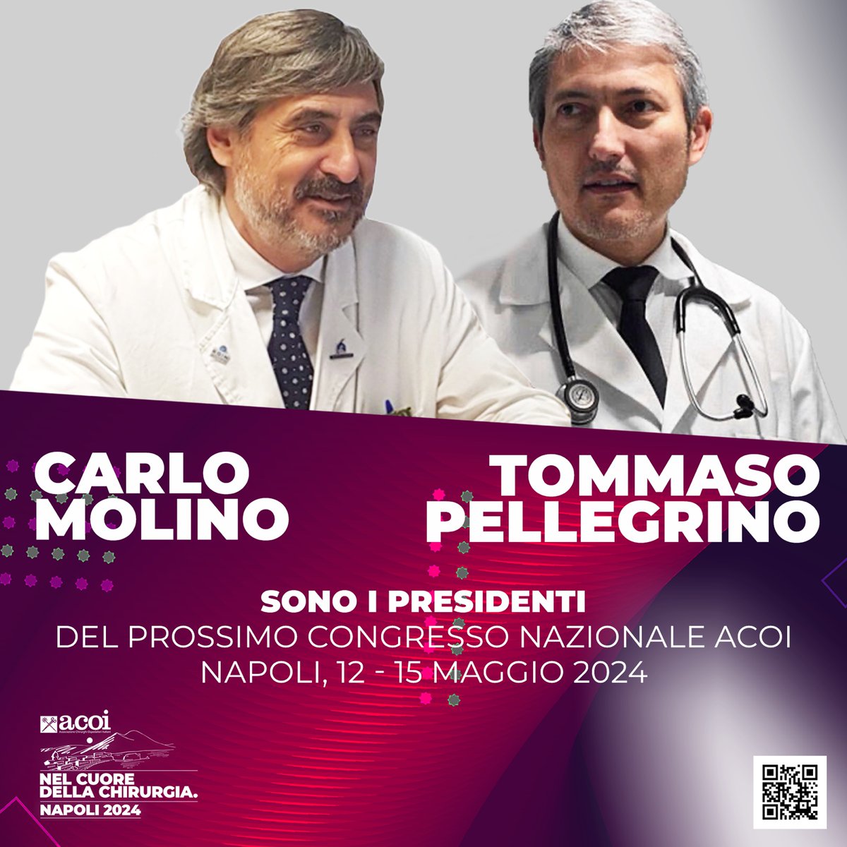 🌟 Pronti a immergervi nel cuore della chirurgia? 
il Congresso Nazionale di ACOI sta per arrivare a Napoli, dal 12 al 15 maggio! 🏥

👨‍⚕️ Con orgoglio presentiamo i Presidenti del Congresso: il Prof. Carlo Molino e il Dott. Tommaso Pellegrino!