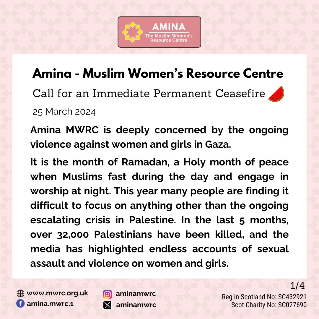 Amina MWRC welcomes the long awaited adoption by UN Security Council for an immediate ceasefire in Ramadan, but we need this to be permanent. We call on fellow women’s rights groups to advocate for women’s rights; to not fail women & girls by being silent during their suffering🧵