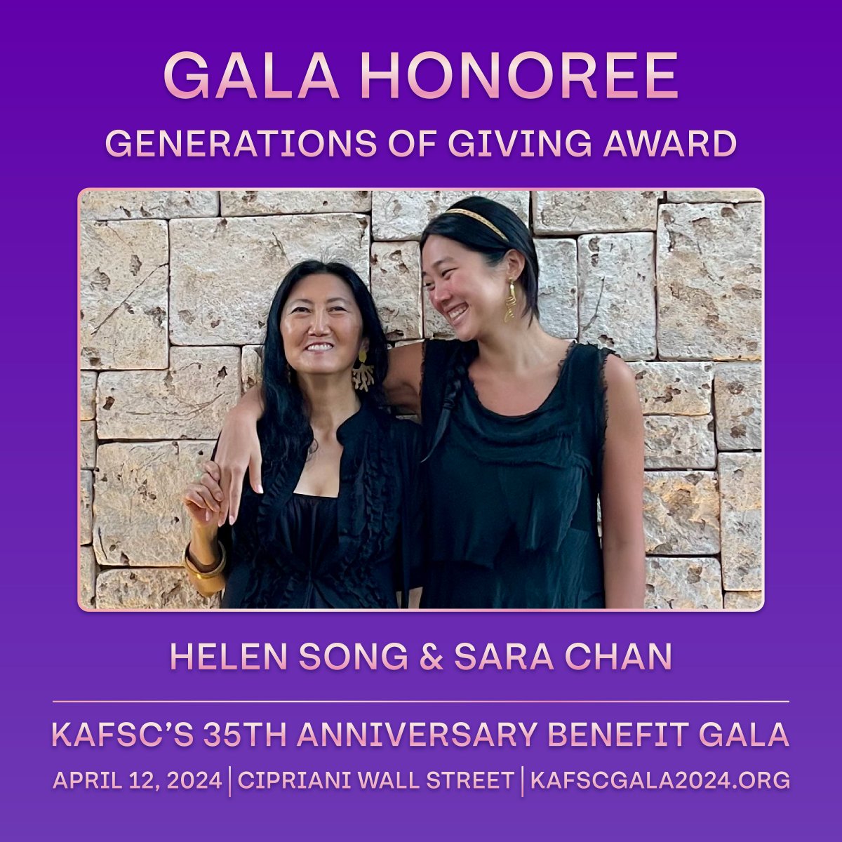 KAFSC is thrilled to announce Helen Song and her daughter Sara Chan as our Generations of Giving Awardees. 🏆 Join us in celebrating their impact at our Gala! 🎉 For details & tickets visit kafscgala2024.org! #GenerationsOfGiving #kafscgala