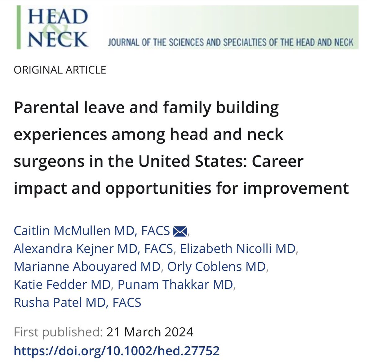 Hoping this study can help start bigger conversations! Let’s work on keeping skilled surgeons in the workforce. @MoffittNews @WomenSurgeons #parentalleave #womeninmedicine 

onlinelibrary.wiley.com/doi/10.1002/he…