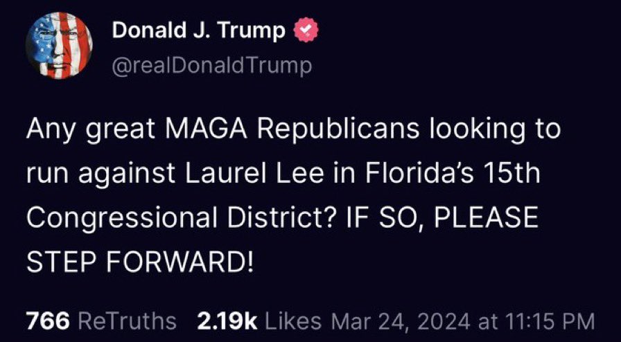 This is unhelpful and unwarranted. @RepLaurelLee is a conservative thoughtful member of the judiciary committee. She endorsed DeSantis for President but then endorsed Trump when DeSantis got out of the race. More of my colleagues should call out these ridiculous bullying tactics.