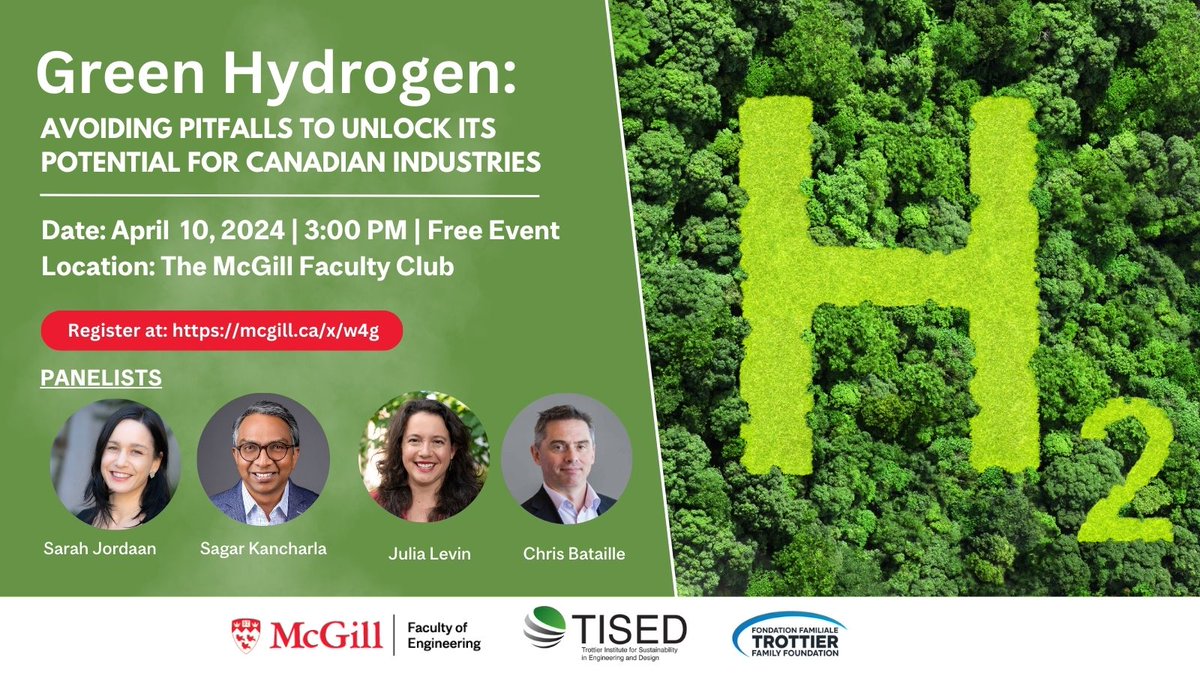 Don't miss out on Apr 10th as TISED and @TrottierFdn host a thought-provoking panel discussion. We'll be delving into the crucial role and potential of green hydrogen in Canada's journey towards decarbonization! Learn more: mcgill.ca/x/w4g #GreenHydrogen #decarbonization