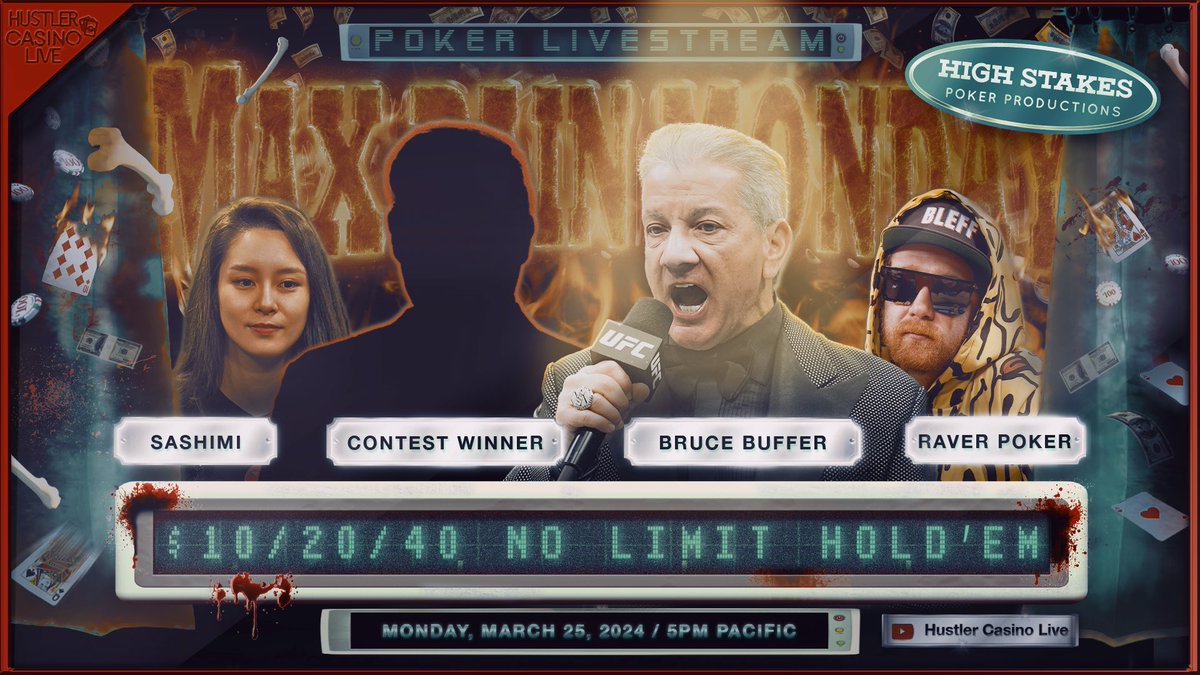 HCLPokerShow's tweet photo. BREAKING NEWS: @brucebuffer is playing @MaxPainMonday tonight!!

The @ufc Octagon Announcer will be making his HCL debut 

@brucebuffer
@sashimipoker
@RaverPoker
@NickVertucciNV
Andrew
Miles
&amp; more

Commentary by @ChristianSotoNJ

Watch it here: https://t.co/DYkLg3GjoR https://t.co/v0wHzMKDX3