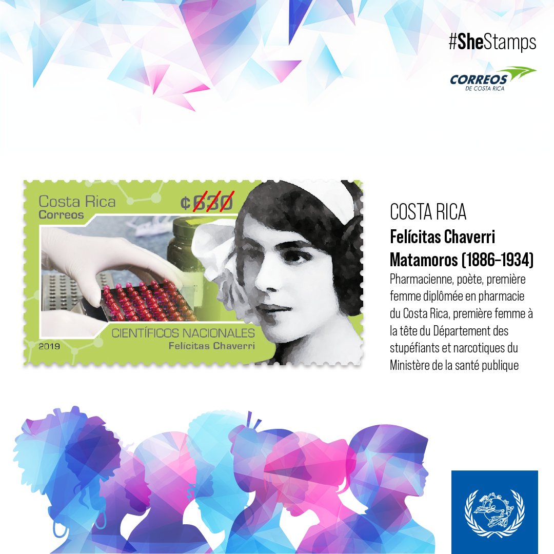 #SheStamps: le Dr Felícitas «Lita» Chaverri Matamoros a ouvert la voie aux femmes désireuses d’accéder à l’enseignement supérieur au #CostaRica🇨🇷 en devenant la 1ère femme à rejoindre la Faculté de #pharmaceutique en 1912. 📸Lita sur des #timbres par @CorreosCR #MoisDesFemmes
