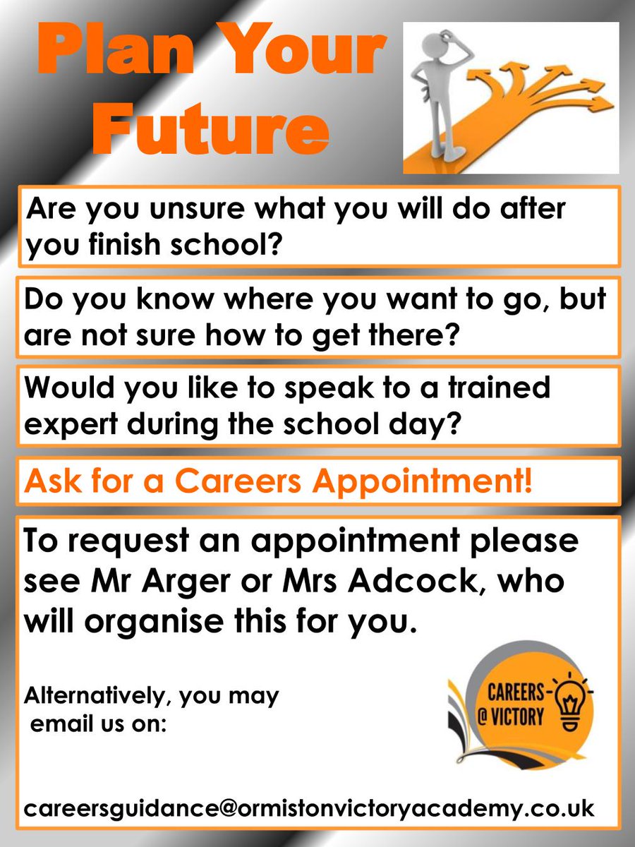 Careers @ Ormiston Victory Academy (@careersvictory) on Twitter photo No matter which year group you are currently in, please feel free to ask for a careers appointment if you would like some help with planning your future
<a href="/VictoryAcad/">Victory Academy</a> No matter which year group you are currently in, please feel free to ask for a careers appointment if you would like some help with planning your future
<a href="/VictoryAcad/">Victory Academy</a>