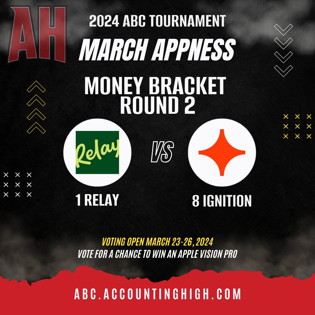 2024 ABC TOURNAMENT ROUND 2 MATCHUPS MARCH APPNESS VOTING IS NOW LIVE @bankwithrelay @ycwest vs @ignitionapp @guy_pearson JOIN IN ON THE FUN AND VOTE FOR YOUR FAVORITE TO ADVANCE TO THE SWEET 16 VOTE AT abc.accountinghigh .com