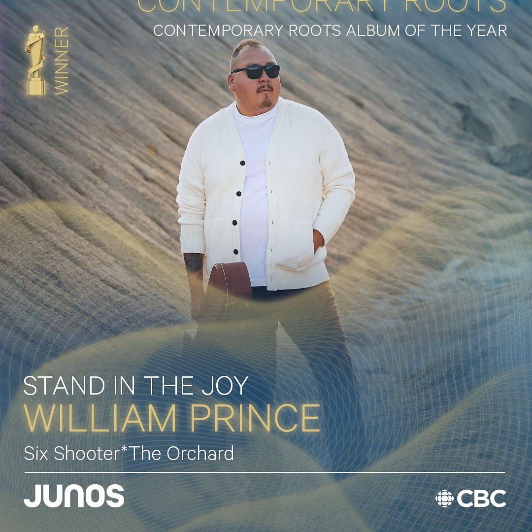 STAND IN THE JOY, WILLIAM PRINCE! 👞🎵🎸 Congratulations to @WilliamPrince of @PeguisBand on winning the 2024 #JUNOS Award for Contemporary Roots Album of the Year with, 'Stand in the Joy.' We look forward to your continued success in your career. We stand with you! #JunoAwards