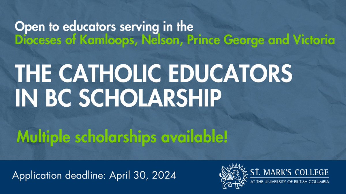 New scholarship specifically for Catholic school educators in the Dioceses of Kamloops, Nelson, Prince George and Victoria! The Catholic Educators in BC Scholarship supports the ongoing formation of educators. stmarkscollege.ca/admissions/sch… @rcdvictoria