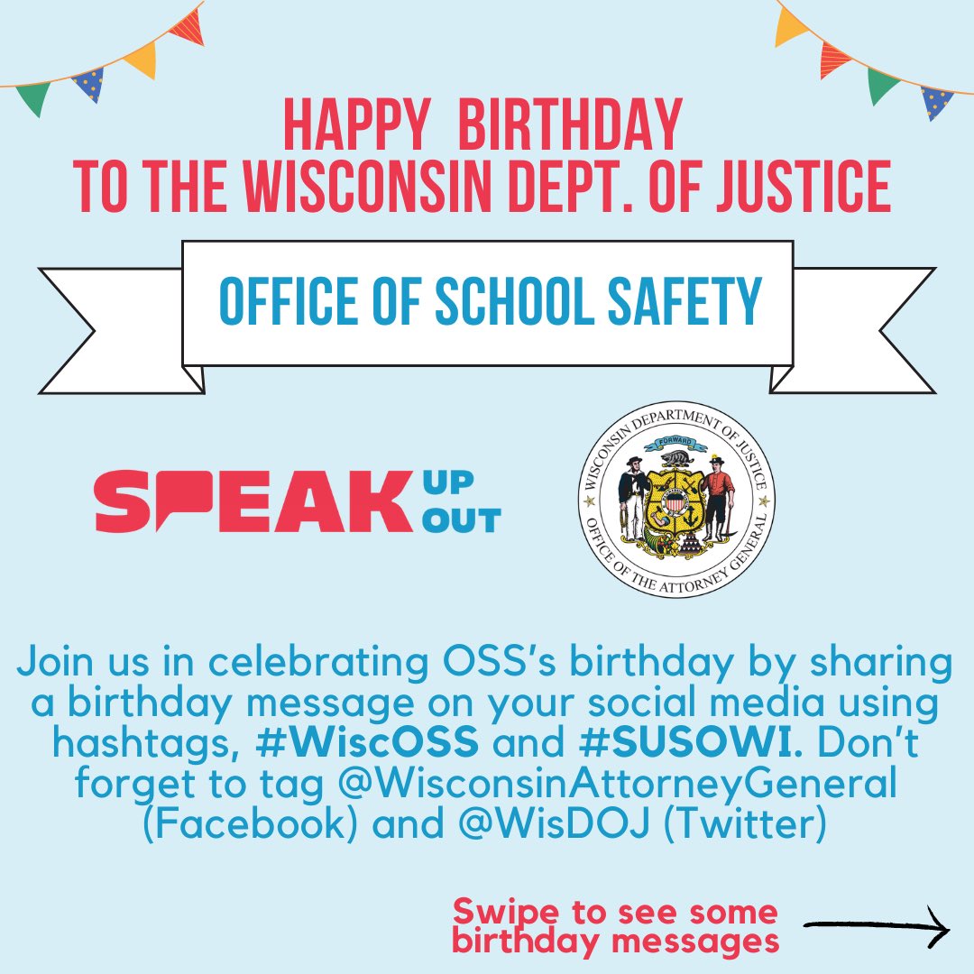 WisDOJ's tweet photo. The Wisconsin Department of Justice Office of School Safety turns six tomorrow! Share your birthday messages as we celebrate six years of supporting school safety throughout Wisconsin. #WiscOSS #SUSOWI https://t.co/Ep8jaBibsW