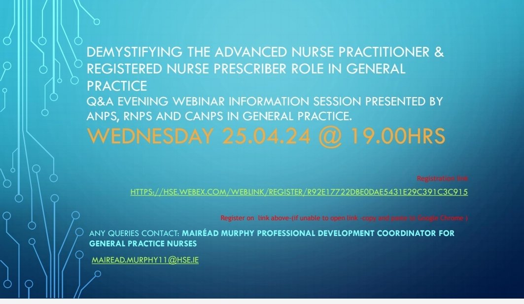 If any GPN would like to learn more about the ANP or RNP role in General Practice, please register for our PDC Webinar on this link. 25th April hse.webex.com/weblink/regist…