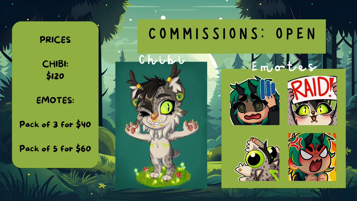 ❗️COMMISSION TIME MY CREATURES ❗️

× Please DM ONLY if you are genuinely interested and plan to pay for one. 
× Forms of payment are payal or venmo. 
× Retweets are greatly appreciated 💚🍄