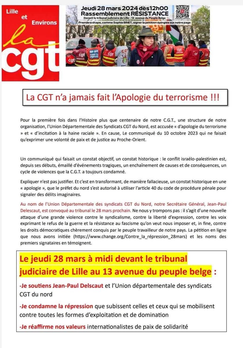 📣La fédération PCF du Nord sera présente pour soutenir Jean-Paul Delescaut, secrétaire de l'UD CGT. Soyons nombreuses et nombreux jeudi 12h devant le tribunal de Lille. Signons la pétition en soutien à la CGT et notre camarade ✊