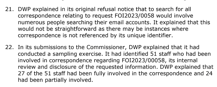 51 Members of @DWPgovuk Staff were involved in responding to 1 of my Freedom of Information requests about Infected Blood Compensation. This was one of the reasons they gave for refusing a meta-FOI request about it, saying it was vexatious. After @ICOnews became involved, they…