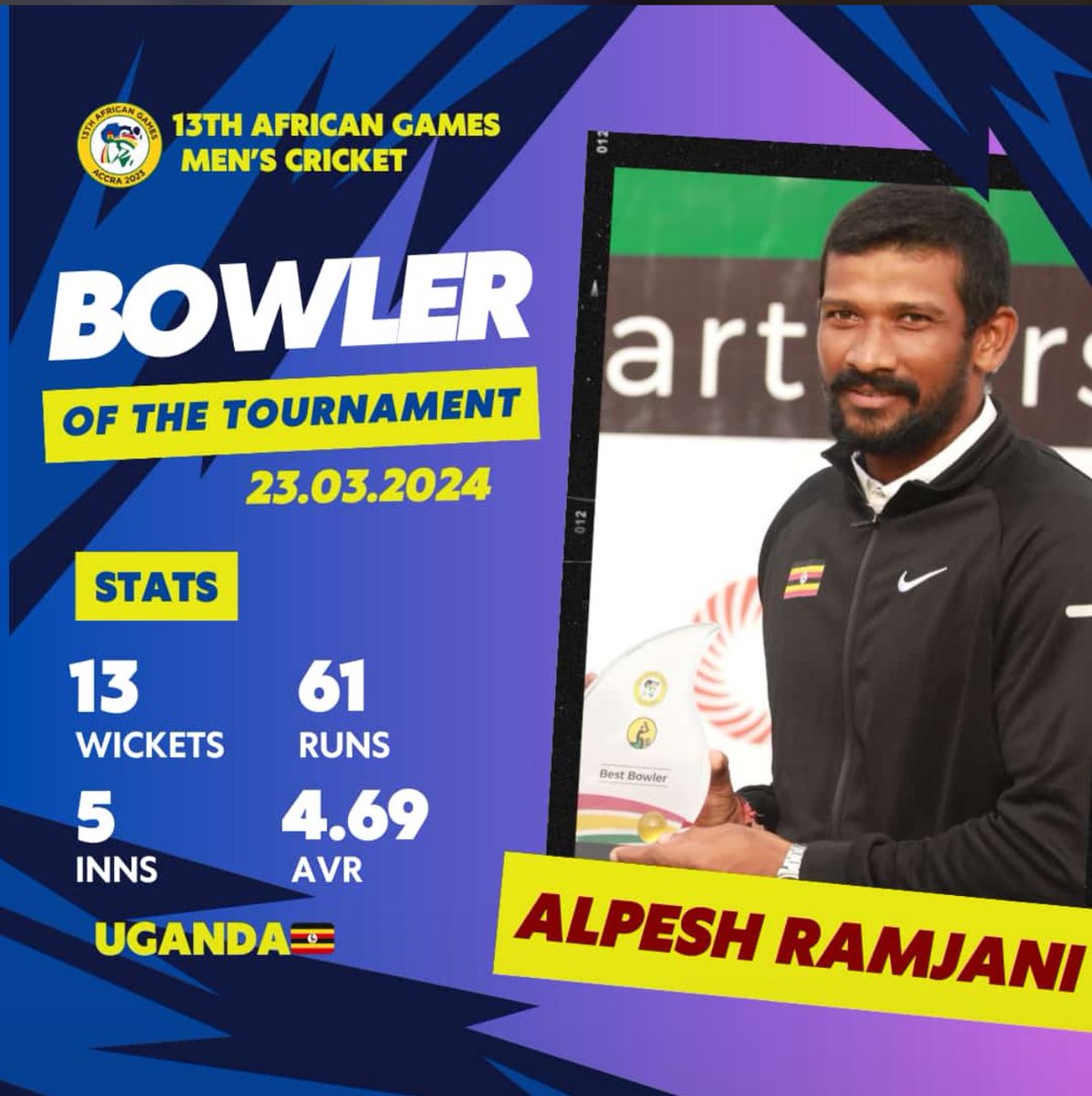 <a href="/NBSportUg/">NBS Sport</a> ✅The Cricket Cranes clinching Bronze 🥉 at the 13th  edition of the  African Games in Accra .
  ✅Roger Mukasa named the best batter of tournament with 230 runs  from 5 innings.
✅ <a href="/AlpeshRamjani/">Alpesh Ramjani</a> named the best bowler of the  tournament  with 13 wickets. 
#NBSportThisEvening