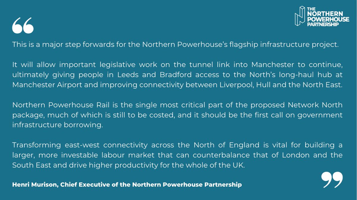 Great news for east-west connectivity in the North of England, as government confirms a key section of the Northern Powerhouse Rail route. Legislative certainty is vital for unlocking private investment 💷 Full statement from @henrimurison 👇 gov.uk/government/new…