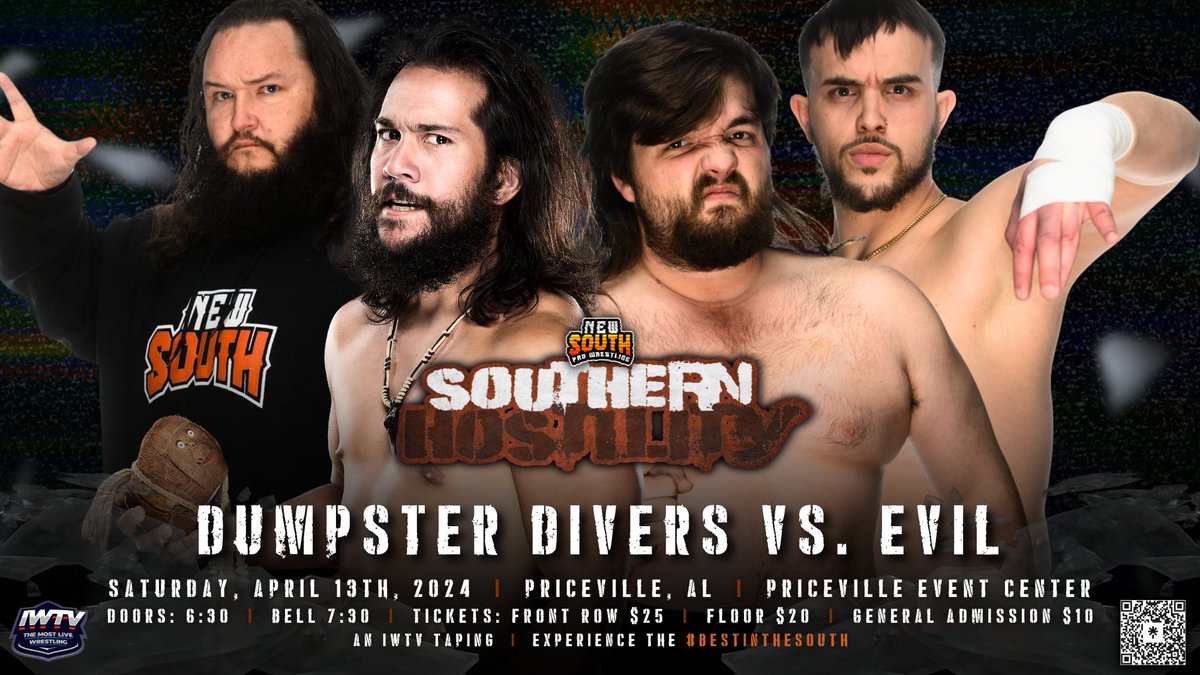 The Dumpster Divers reunite on Saturday Night April 13th at the debut event for the PRICEVILLE EVENT CENTER to take on EVIL!!! @NewSouth_PW presents SOUTHERN HOSTILITY! 💥Front Row is SOLD OUT. Act NOW for best available seating💥 Filmed for @indiewrestling
