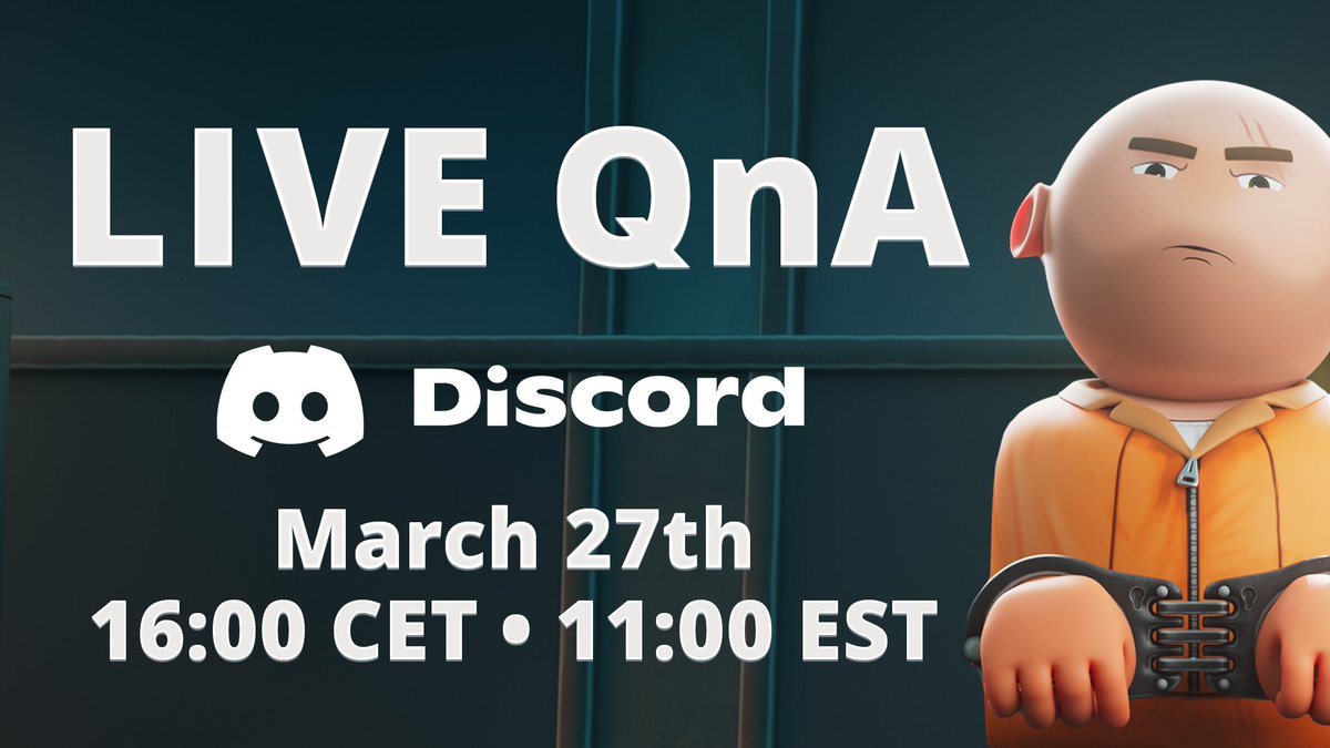 Prison Architect 2 (@prisonarchitect) on Twitter photo ๐ขAttention Architects!
It's QnA time with <a href="/DoubleElevenLtd/">Double Eleven</a> ! This Wednesday at 1600 CET/1100 EST in the fanrun Prison Architect Discord!
๐discord.gg/prisonarchitect
We'll be answering some questions that we have gathered from you beforehand as well as taking questions live. ๐ขAttention Architects!
It's QnA time with <a href="/DoubleElevenLtd/">Double Eleven</a> ! This Wednesday at 1600 CET/1100 EST in the fanrun Prison Architect Discord!
๐discord.gg/prisonarchitect
We'll be answering some questions that we have gathered from you beforehand as well as taking questions live.
